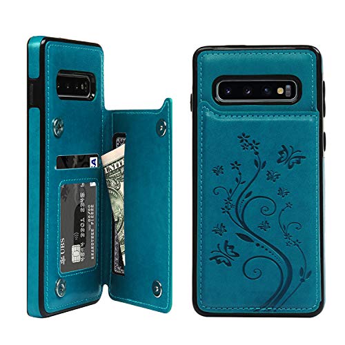 Product Cover SUPWALL Galaxy S10 Case Wallet, Case with Card Holder Embossed Butterfly Slim Folio Leather Cover Shockproof Kickstand with Credit Card Slot Protective Skin for Galaxy S10, Blue