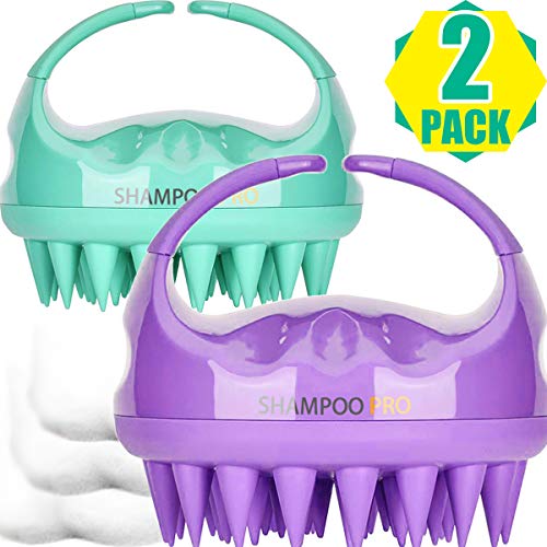 Product Cover Shampoo Brush, 2 Pack Hair Scalp Massager Shampoo Brushes with Easy Handle for Curly Girls, Kids, Elders and Family (Natural Green, Noble Purple)