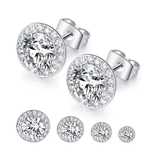 Product Cover BlueOne 4 Pairs 14K White Gold Plated Cubic Zirconia Round 3mm-6mm Stud Earrings for Women Men Girls