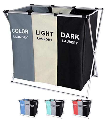Product Cover BRIGHTSHOW 135L Laundry Cloth Hamper Sorter Basket Bin Foldable 3 Sections with Aluminum Frame 62cm × 37cm x 58cm Washing Storage Dirty Clothes Bag for Bathroom Bedroom Home (White+Grey+Black)