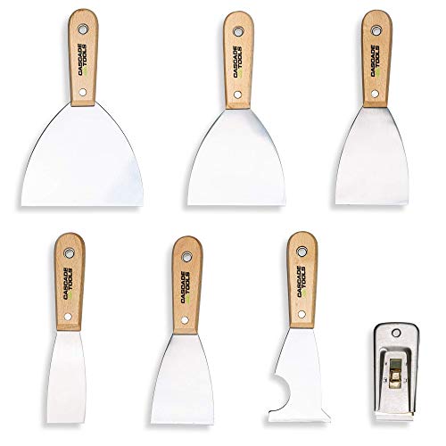 Product Cover 7 PIECE SET - Putty Knife, 5 in 1 Multi Tool & Razor Scraper (MEDIUM FLEX & WOOD HANDLE) - Wall Scraper & Drywall Knife - For Spreading Drywall Spackle & Mud, Taping, Scraping Paint,and More