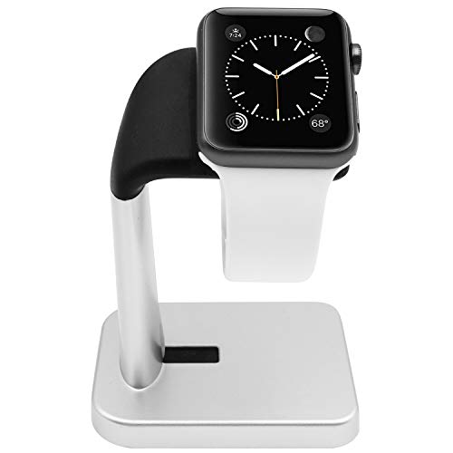 Product Cover Macally Apple Watch Stand Holder - The Perfect Nightstand iWatch Charging Dock Station - Compatible with Smartwatch Series 5, Series 4, Series 3, Series 2, Series 1 (44mm, 42mm, 40mm, 38mm) (Silver)