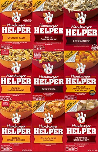 Product Cover Hamburger Helper Variety Pack of 9-Crunchy Taco, Philly Cheesesteak, Stroganoff, Cheesy Hashbrowns,Beef Pasta, Double Cheeseburger Mac, Cheesy Ranch Burger, 4 Chs Lasagna (9 Pack)