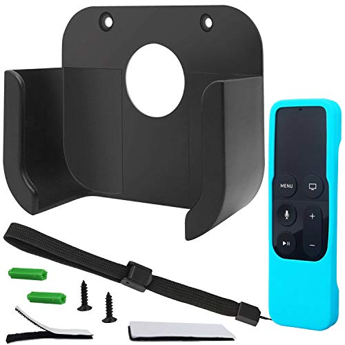 Product Cover Wall Mount Bracket Holder with Remote Sleeve Compatible for Apple TV4 4K - Pinowu TV Mount and Siri Remote Cover with Lanyard Suitable for Apple TV 4/4K[5th Gen] (Black+Turquoise)
