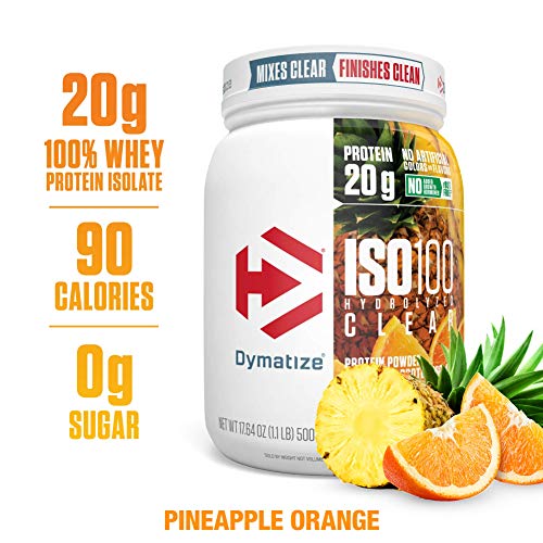 Product Cover Dymatize ISO100 Hydrolyzed Clear Protein Powder, 100% Whey Protein Isolate Powder, 20g of Protein & 4g BCAAs, Gluten Free, Keto Friendly, Easy Mixing, Light & Refreshing, Pineapple Orange, 1 lbs