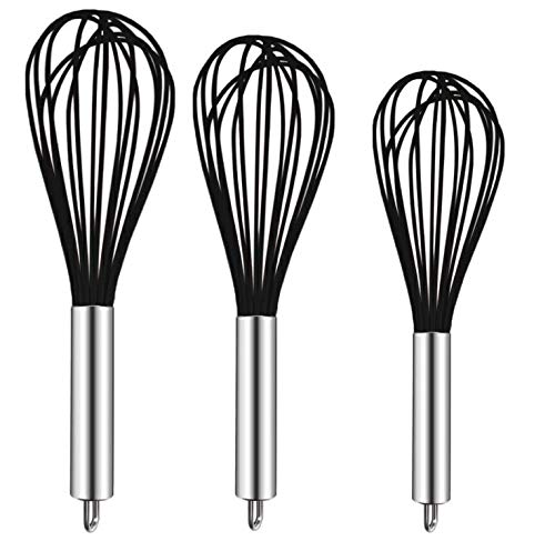 Product Cover TEEVEA ((Upgraded) 3 Pack Very Sturdy Kitchen Silicone Balloon Wire Set Egg Beater for for Blending Whisking Beating Stirring Cooking Baking, Black,