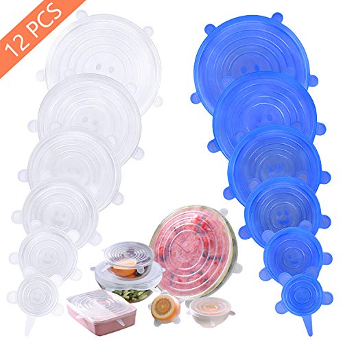 Product Cover Mavgv Silicone Stretch Lids,12 Pack Reusable Durable and Expandable Lids, Silicone Covers for Fresh Food & Leftovers - Keep Food Fresh, Stretch for Container, Bowl in Dishwasher