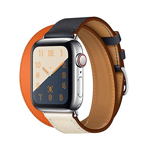 Product Cover CRLIN Compatible/Replacement for Apple Watch Band 44mm 40mm 42mm 38mm Series 5/4/3/2/1 Double Tour Replace for iWatch Strap Leather Bands (Double -Indigo/Craie/Orange, 42/44)