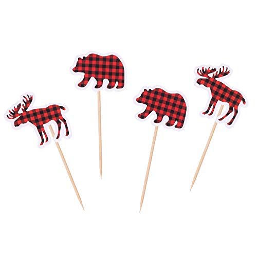 Product Cover 24 Counts Plaid Bear and Deer Cupcake Toppers Buffalo Woodland Lumberjack Theme Baby Birthday Party Picks