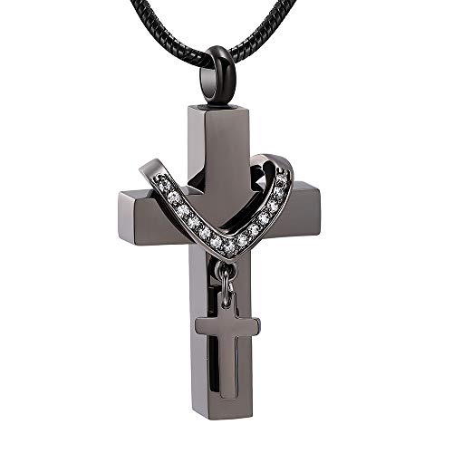 Product Cover Stainless Steel Cross Memorial Cremation Ashes Urn Pendant Necklace Keepsake Jewelry Urn (Black)