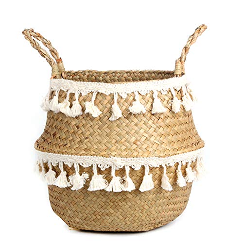 Product Cover BlueMake Tassel Macrame Woven Seagrass Belly Basket for Storage, Decoration, Laundry, Picnic, Plant Basin Cover, Groceries and Toy Storage (Small, Tassel)