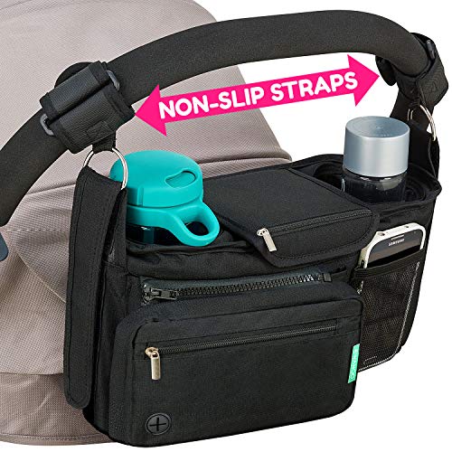 Product Cover Non-Slip Stroller Organizer With Cup Holders, Exclusive Straps Grip Handlebar. Universal Fit For Uppababy Vista Cruz Nuna Baby Jogger Bob Britax Bugaboo Graco Stroller Accessories Caddy Parent Console