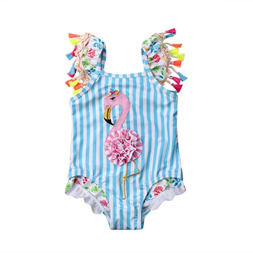Product Cover Kids Toddler Baby Girl One Piece Swimsuit Beach Wear Striped Flamingo Tassels Swimwear Bathing Suits 6-12 Months Blue/Pink