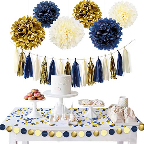 Product Cover NICROLANDEE Navy Blue Gold Party Decoration Kit Nautical Baby Shower Hanging Pom Poms Paper Garland Party Confetti for Get Ready Bridal Shower Wedding Birthday Bachelorette (Navy Gold)