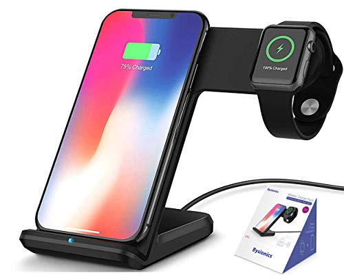 Product Cover Bysionics Wireless Charger,2 in 1 Fast Qi Phone Wireless Charging Stand & Wireless Charging Dock Compatible for Apple iWatch Series 4/3/2/1 (Black)