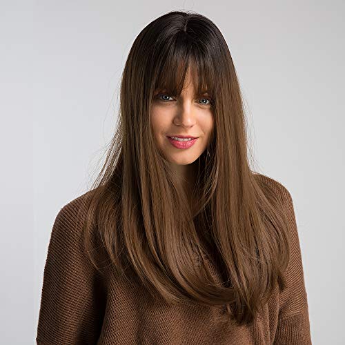 Product Cover HAIRCUBE 20 Inch Nature Straight Ombre Wigs for White Women Black Root with Brown Hair Synthetic Wigs with Blunt Bang(12/35)