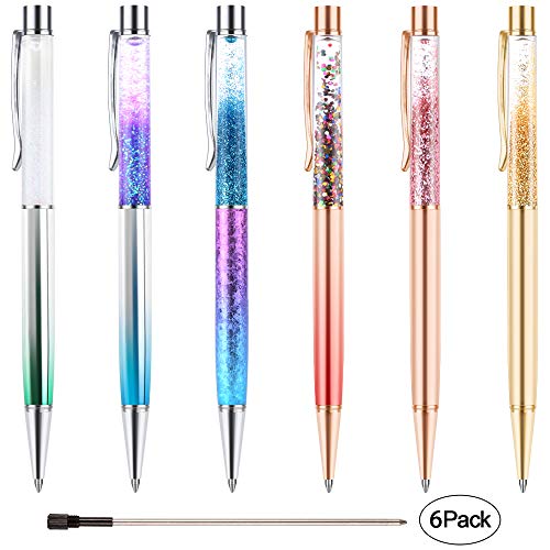 Product Cover Ballpoint Pens, BYSOU 6 Pcs Rose Gold Metal Pen Refills Bling Dynamic Liquid Sand Pen Black Ink for Office Supplies (Multicolor Liquid Pen)