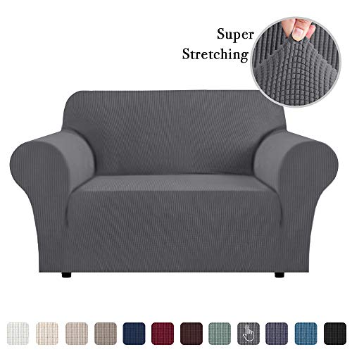 Product Cover 1 Piece Furniture Cover for Loveseat Loveseat Slipcovers for 2 Cushions Sofa Rich Textured Lycra High Spandex Checked Pattern Loveseat Covers for Living Room, 2 Seater, Charcoal Gray