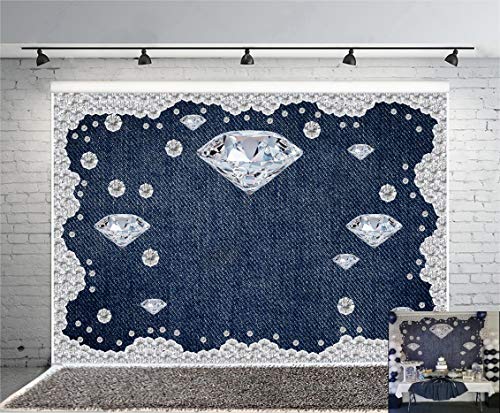 Product Cover YEELE 8x6ft Denim Party Backdrop Diamond Style Jeans Inlaid Rhinestone Photography Background Birthday Party Banner Kids Adult Portrait Baby Shower Photo Booth Cake Smash Photoshoot Props Wallpaper