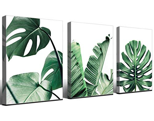 Product Cover Canvas Wall Art Green Leaf Simple Life Painting Dathroom Wall Decor Monstera Plant 3 Pieces Framed Canvas Pictures Contemporary Watercolor Artwork Ready to Hang for Home Decoration Office Wall Decor