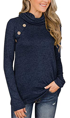 Product Cover Unidear Womens Long Sleeve Cowl Neck Form Fitting Casual Tunic Top Blouse with Buttons #1 Navy Blue S