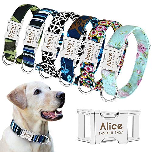 Product Cover Beirui Personalized Dog Collar with Name Plate - Fashion Patterns Custom Dog Collar with Quick Release Buckle - Fits Medium Large Dogs,Mint Green Floral,S(Width 5/8
