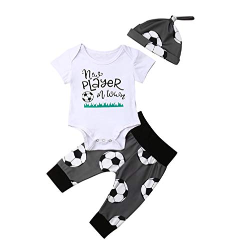 Product Cover Newborn Infant Baby Boy Soccer Rompers+Pants+Hats 3Pcs Bodysuit Clothes Set Grey