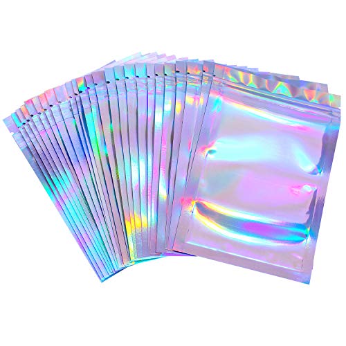 Product Cover 100 Pieces Resealable Smell Proof Bags Foil Pouch Bag Flat Ziplock Bag for Party Favor Food Storage (Holographic Color, 4 x 6 Inches)