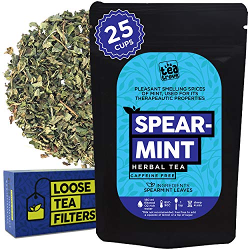 Product Cover The Tea Trove Spearmint Tea Loose Leaf with Loose Tea Filter | Help cure hormonal acne and facial hair due to PCOS | Steep as Hot PCOS Tea or Iced Spearmint Herbal Tea | Caffeine Free (.88oz, 25Cups)