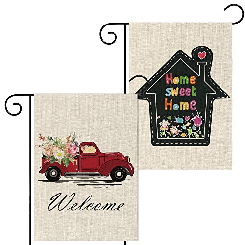Product Cover WATINC 2Pcs Welcome Garden Flag Set with Home Sweet Home and Car Decorative Double Sided Burlap Lawn Flag Seasonal Summer Spring Holiday Yard Flags for Indoor Outdoor Decoration 12.6 x 18.4 Inch