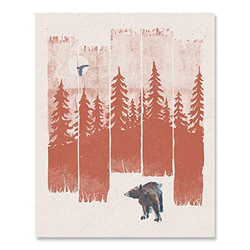 Product Cover Bear in the Forest Wilderness Art Print - Serene Nature Outdoor Trees Woodlands Landscape Wildlife Wall Art Hiking Sunshine Travel Inspiration Peaceful Rustic Cabin Home Decor 8 x 10 Art Print