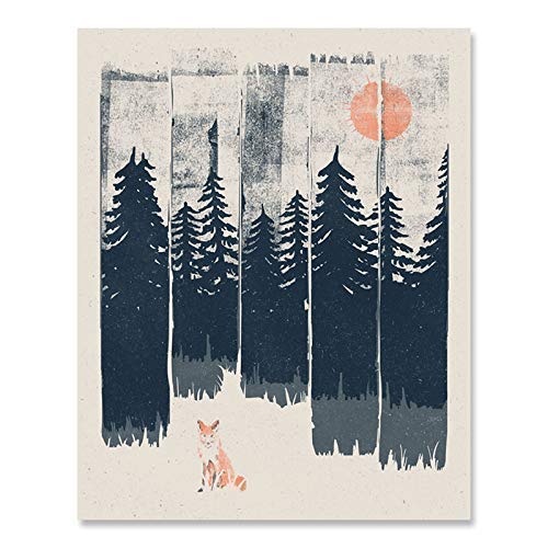 Product Cover Wilderness Fox Art Print - Wildlife Nature Lover Forest Trees Mountains Landscape Wall Art Great Outdoors Inspiration Peaceful Serene Calming Home Decor 8 x 10 Inch Art Print