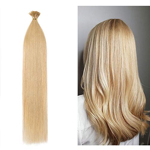 Product Cover 100 Strands/Pack I Tip Remy Human Hair Extensions Pre Bonded Keratin Stick In Hair Extensions Cold Fusion Hair Piece For Women Long Straight #24 Natural Blonde 18'' 50g