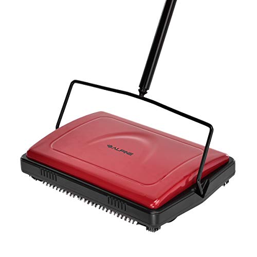 Product Cover Alpine Industries Triple Brush Floor & Carpet Sweeper - Heavy Duty & Non Electric Multi-Surface Cleaner - Easy Manual Sweeping for Carpeted Floors (Red)