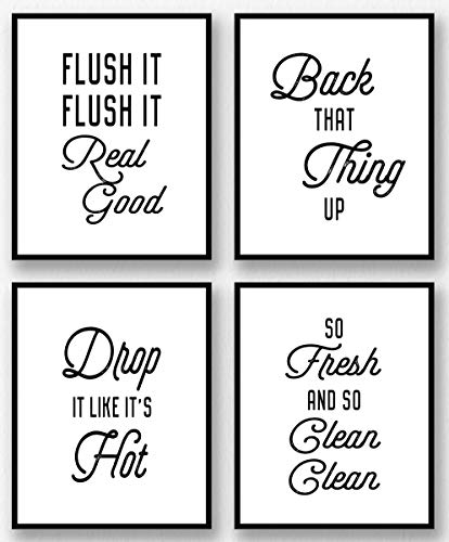 Product Cover Brooke & Vine Funny Bathroom Decor Wall Art Prints (UNFRAMED 8 x 10 Set of 4) Restroom Powder Room Wash Laundry Room Hip Hop Wall Decor Signs Posters - Flush It, So Fresh (Hip Hop Bathroom - White)