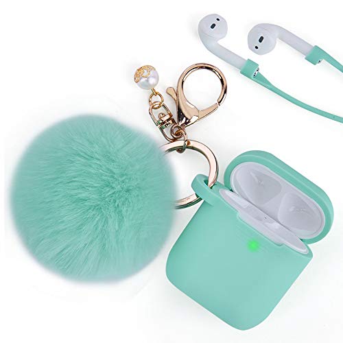 Product Cover Airpods Case, Filoto Airpod Case Cover for Apple Airpods 2&1 Charging Case, Cute AirPods Silicon Case with Airpods Accessories Keychain/Skin/Pompom/Strap 2019 Summer Series (Mint Green)