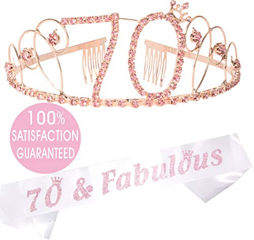 Product Cover 70th Birthday Gifts for Women, 70th Birthday Tiara and Sash, HAPPY 70th Birthday Party Supplies, 70 & Fabulous White Glitter Satin Sash and Crystal Tiara Birthday Crown for 70th Birthday Party Decorat