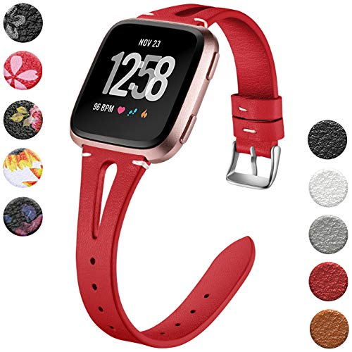 Product Cover Wepro Leather Bands Compatible with Fitbit Versa/Versa 2/Versa Lite SE Watch for Women Men, Small, Slim Genuine Leather Wristbands Bracelet Fitness Straps for Fitbit Versa & Versa Lite SE Watch, Red
