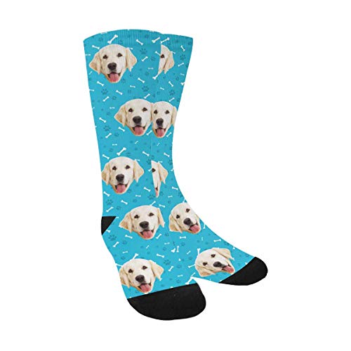 Product Cover Custom Print Your Photo Pet Face Socks, Personalized Bones Cat Dog Tracks Paws Blue Crew Socks for Men Women