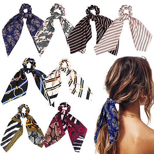 Product Cover WATINC 8Pcs Silk Satin Hair Scrunchies, Scarf Hair Ties with Flower Pattern, Stripe Printed Hair Bobbles for Ponytail Holder, 2 in 1 Vintage Bowknot Hair Accessories Ropes Scrunchie for Women