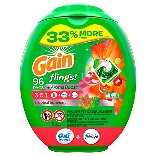 Product Cover Gain flings! Liquid Laundry Detergent Pacs, Tropical Sunrise, 96 Count