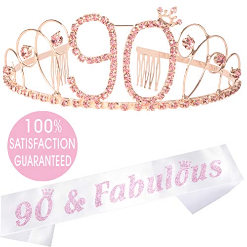 Product Cover 90th Birthday Tiara and Sash Pink, Appy 90th Birthday Party Supplies, 90 and Fabulous Pink White Glitter Satin Sash and Crystal Tiara Birthday Crown for 90th Birthday Party Supplies and Decorations