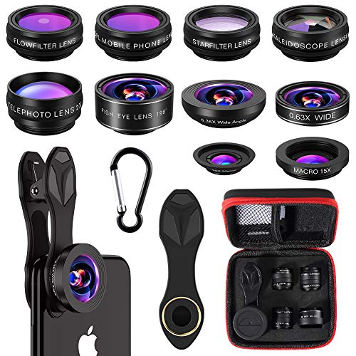 Product Cover Phone Camera Lens,10 in 1 Cell Phone Lens Kit 0.63 Wide Angle Lens+0.36 Wide Angle Lens+198°Fisheye Lens+20X Macro Lens+15X Macro Lens+Star Filter+CPL+Kaleidoscope Lens+Telephoto Lens+Flow Filter