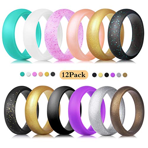 Product Cover QVOW Silicone Wedding Ring for Women Size 4 5 6 7 8 9, 12/4/2/Single Packs, Thin Stackable Men Rubber Wedding Band for Athletes Workout Fitness Gym Exercise, 2mm Thick, 3.0mm/5.5mm Width