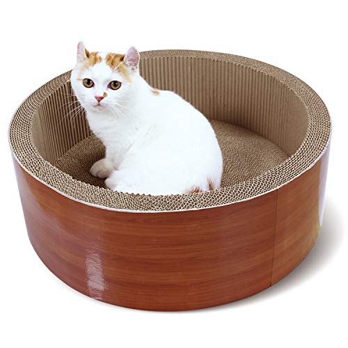 Product Cover ScratchMe Cat Scratching Post Lounge Bed, Round Shape Cat Scratcher Cardboard Board Pads with Catnip, Durable Recycle Pad Toy Prevents Furniture Damage, Brown