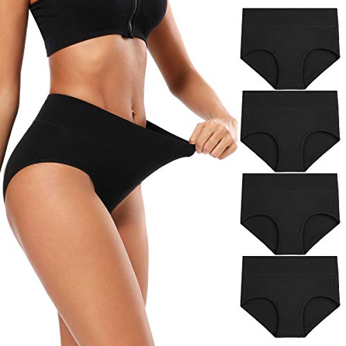 Product Cover Molasus Women's No Shrink Cotton Underwear Soft Breathable High Waist Briefs Ladies Full Coverage Panties Underpants Black, Size 6