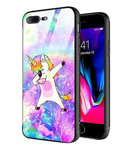 Product Cover iPhone 7 Plus Case,iPhone 8 Plus Case,Slim Fit Tempered Glass Back+Soft Silicone TPU Shock Absorption Bumper Protective Case for iPhone 7 8 Plus Purple Rock Unicorn