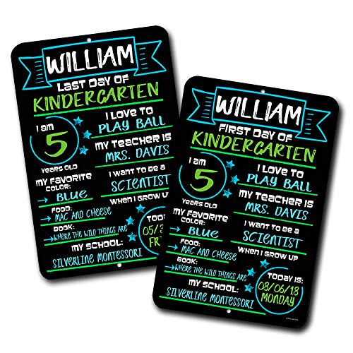 Product Cover First and Last Day of School ( Set of 2 ) Blue and Green Chalkboard Style Photo Prop Tin Signs 12 x 18 inch - Reusable Easy Clean Back to School, Customizable with Liquid Chalk Markers (Not Included)