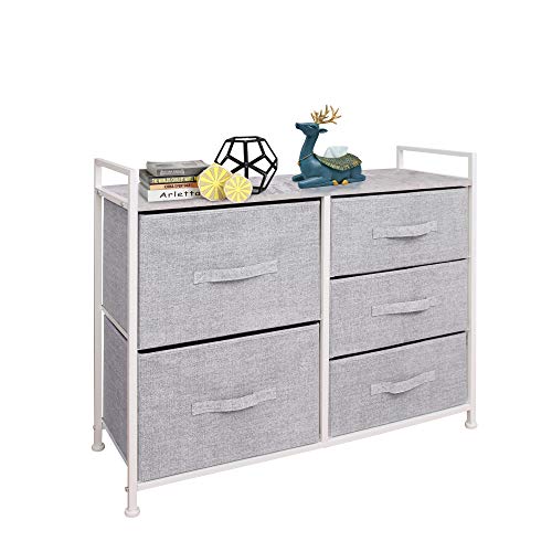 Product Cover East Loft Storage Cube Dresser Organizer for Closet, Nursery, Bathroom, Laundry or Bedroom 5 Fabric Drawers, Solid Wood Top, Durable Steel Frame Light Grey