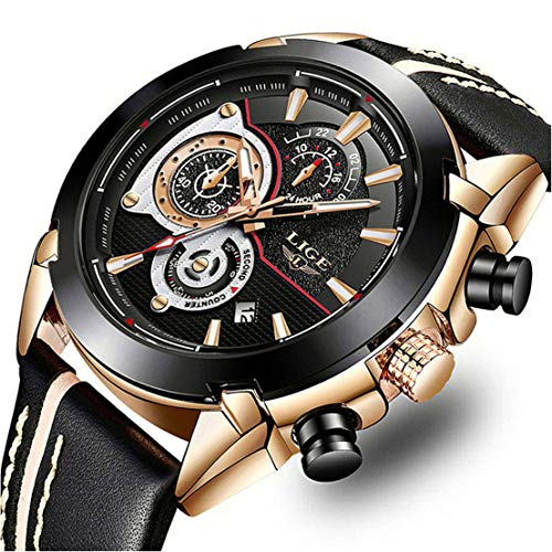 Product Cover LIGE Watches Mens Casual Sports Chronograph Waterproof Analog Quartz Watch with Black Leather Band Classic Business Big Face Wrist Watch for Men Gold Black